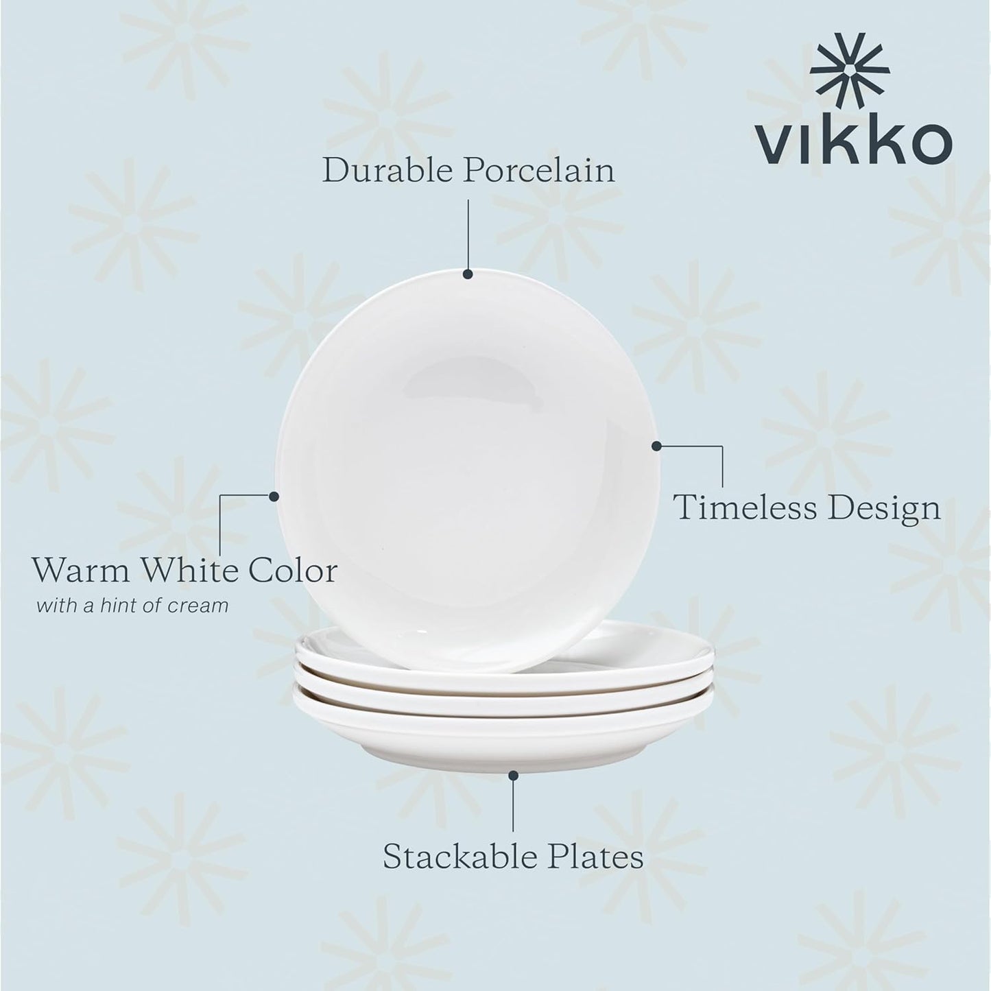 Vikko Dessert Plate, Set of 4 White Plates, Fine Porcelain, Stackable 6 Inch Dessert Plates, Dishwasher Safe, 6/'' Dessert Plate