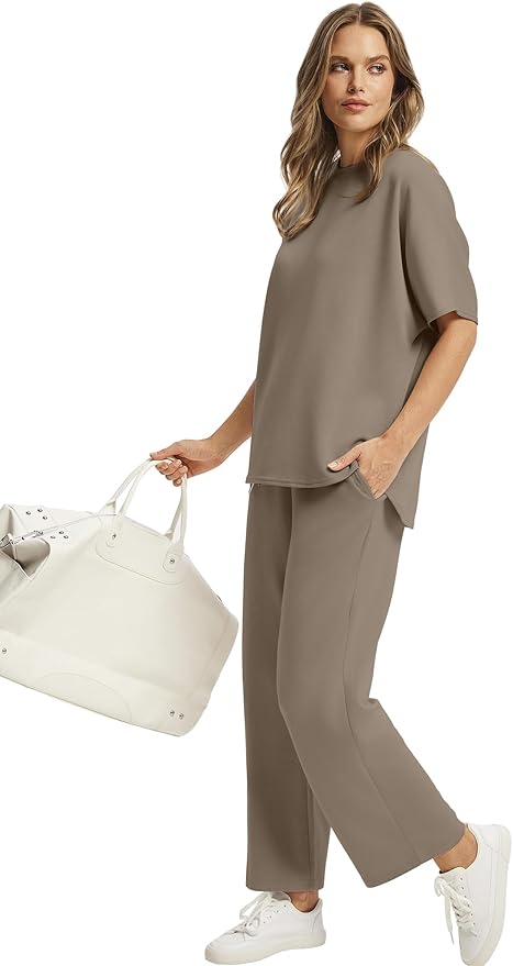 Sampeel Two Piece Sets for Women Summer Outfits Oversized Wide Leg Crop Pants Lounge Sets Airport Beach Vacation Clothes