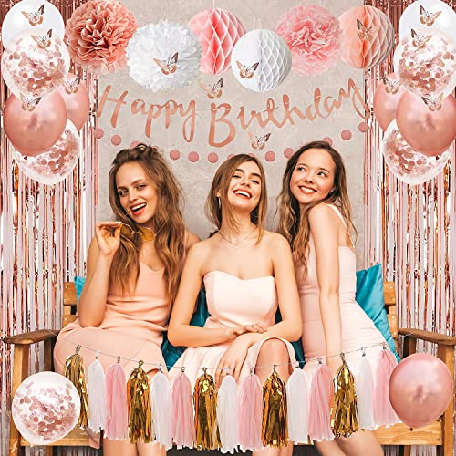 Upgraded Rose Gold Pink Party Decorations with Happy Birthday Banner, Curtains, Butterfly Wall, Circle Dots Garland, Tissu...