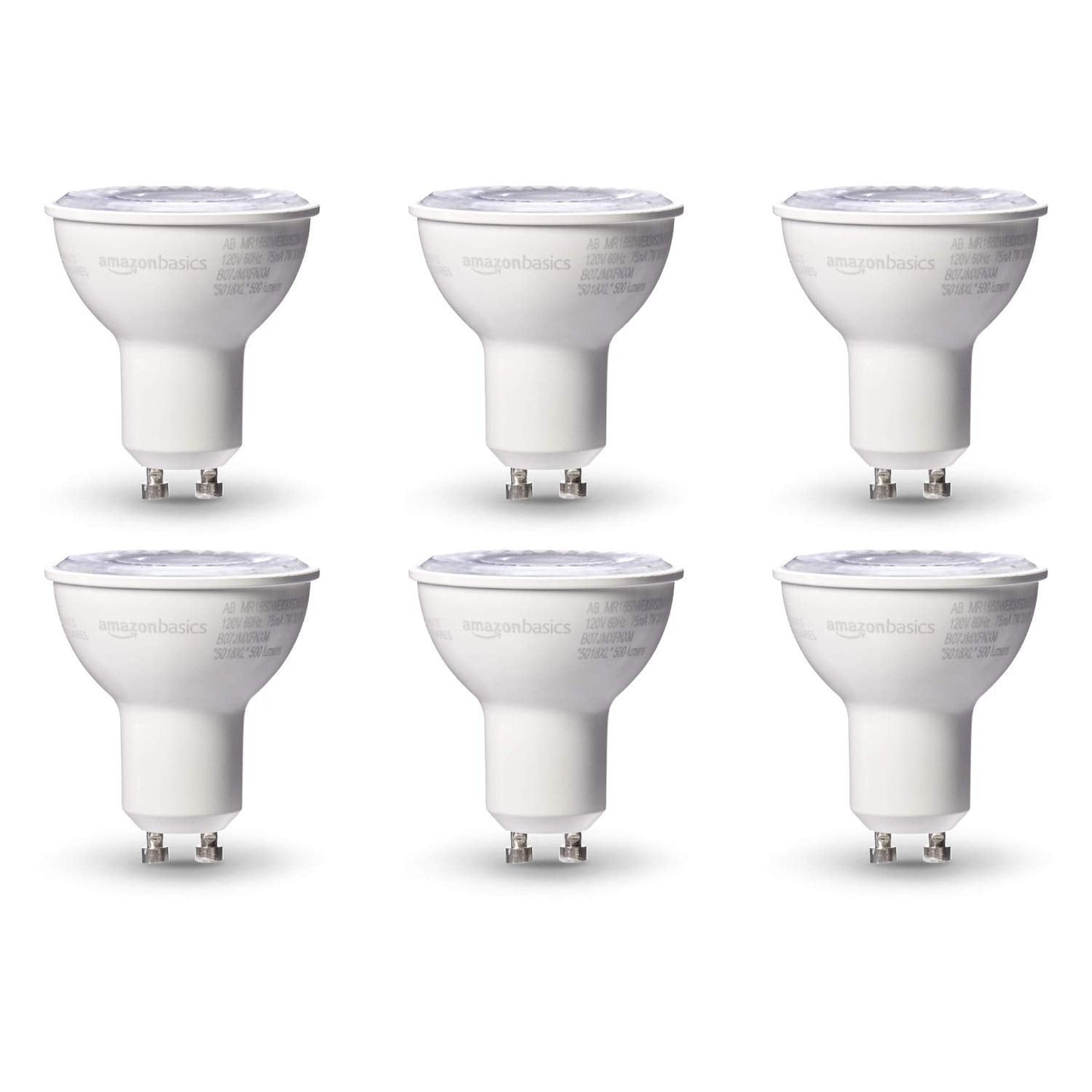 Amazon Basics MR16 LED Light Bulb, 50 Watt Equivalent, Energy Efficient 7W, GU10 Base, Warm White 3000K, Dimmable, 10,000 Hour Lifetime , 6-Pack