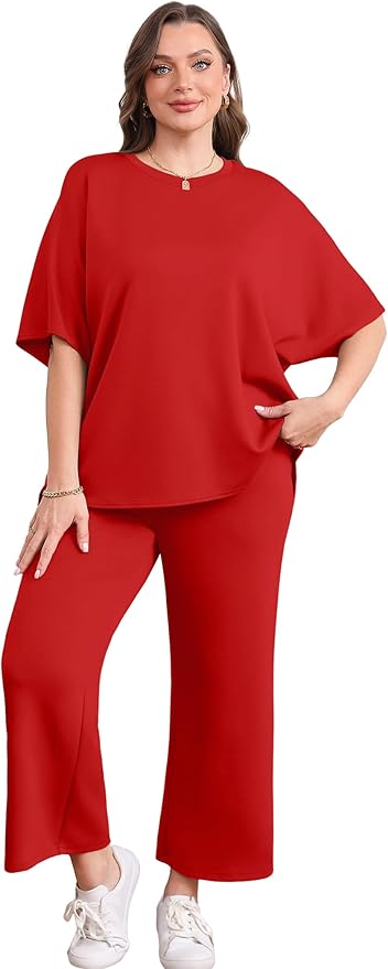 Sampeel Two Piece Sets for Women Summer Outfits Oversized Wide Leg Crop Pants Lounge Sets Airport Beach Vacation Clothes