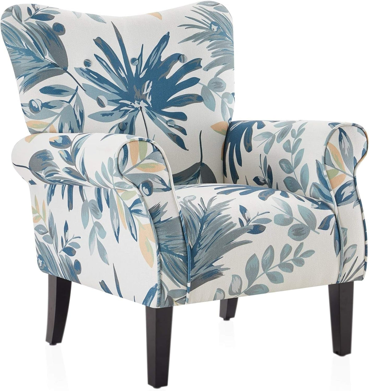 Modern Accent Chair, High Back Armchair, Upholstered Wingback Side Chair, Padded Single Sofa with Wooden Legs for Living Room, Bedroom - Green Blue Floral