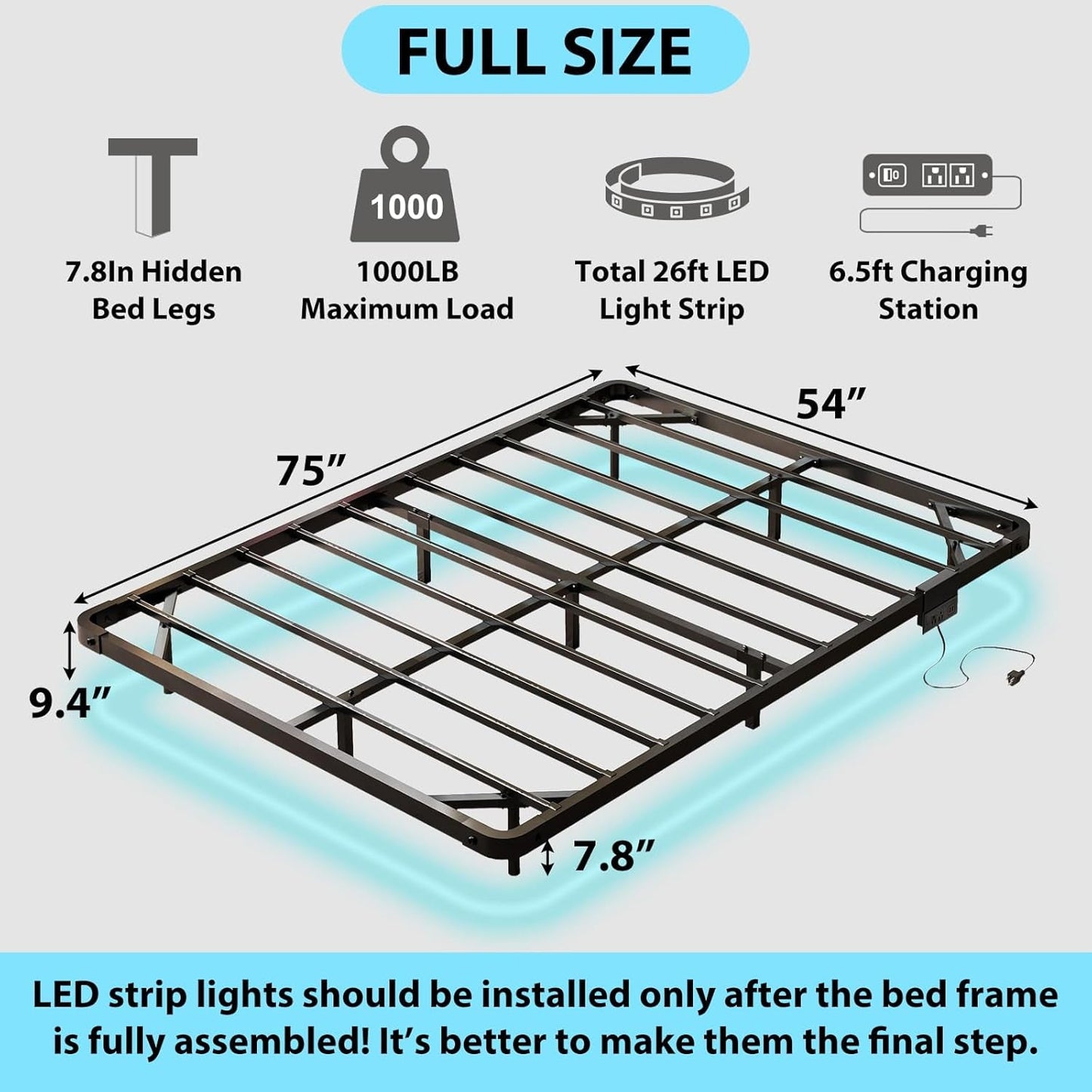 Full Size Floating Bed Frame with Charging Station, Modern Metal Platform Bed Frame with LED Light, Easy Assembly, Black