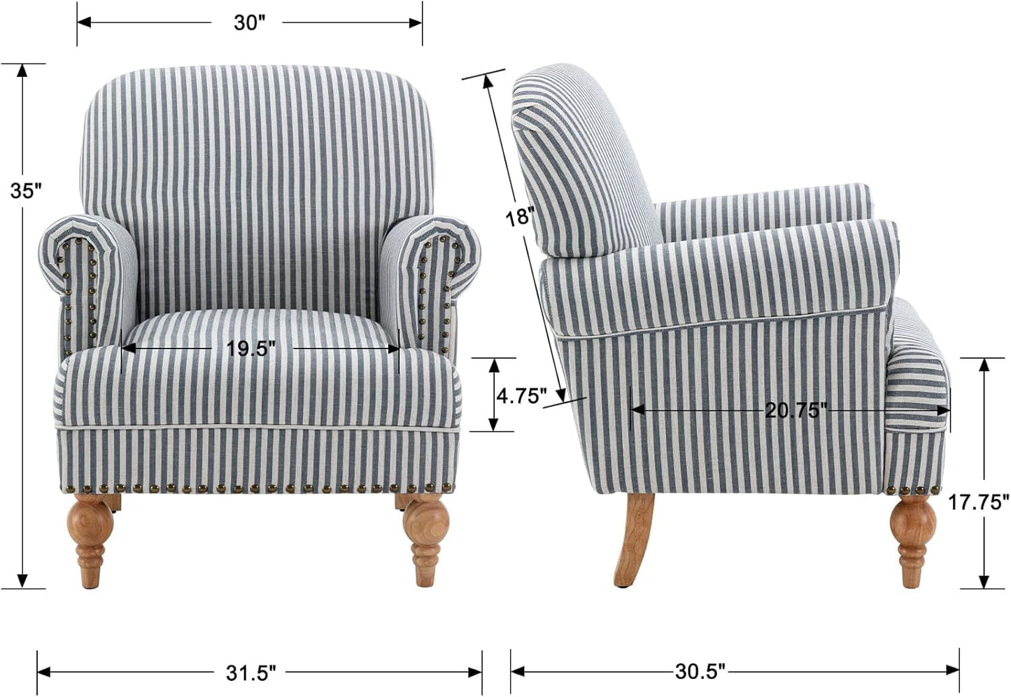 Mid Century Modern Accent Chair Linen Fabric Armchair Wide Reading Chairs Upholstered Lounge Chair for Bedroom/Living Room/Reception Room, Blue Stripe
