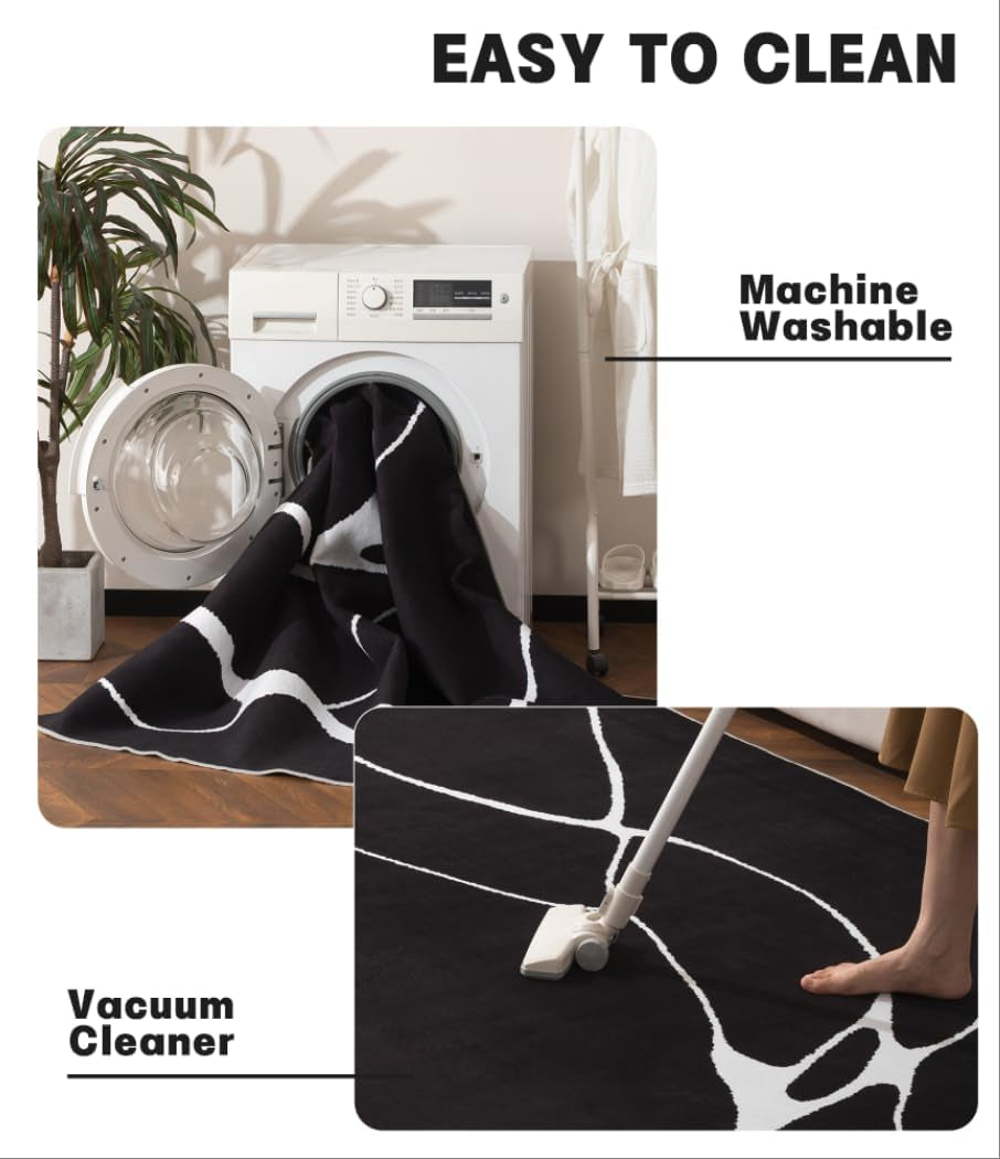Modern Washable Area Rug for Living Room Bedroom - Large Abstract Black and White Rug Non-Slip Ultra-Thin Home Decor (Dark Warping, 8'X10'Ft)