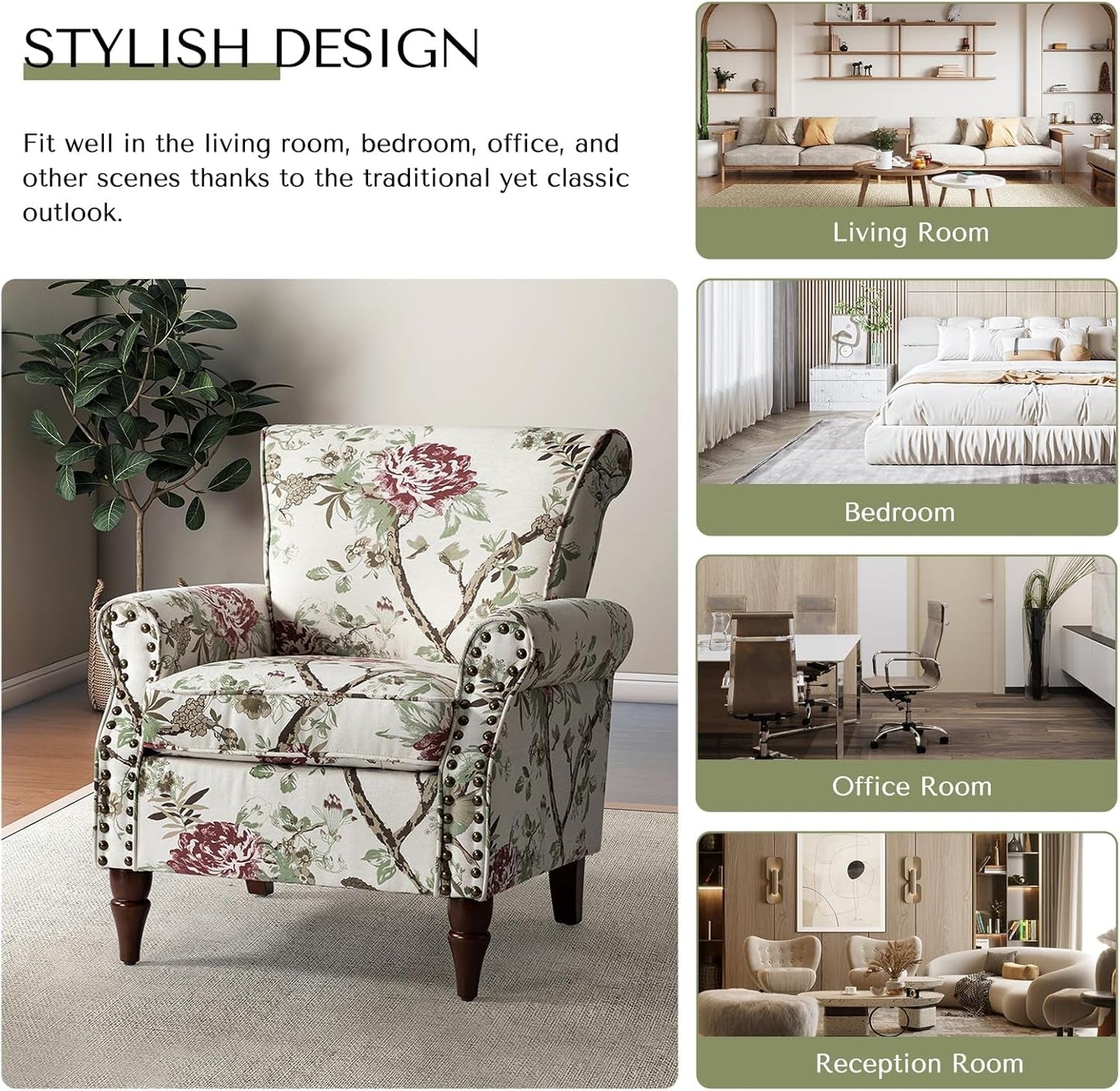 Modern Wingback Accent Chair with Wood Legs & Removable Cushion, Comfy Upholstered Armchair with Nailhead Trim, Floral Pattern Sofa Chair for Bedroom Living Room, Floral