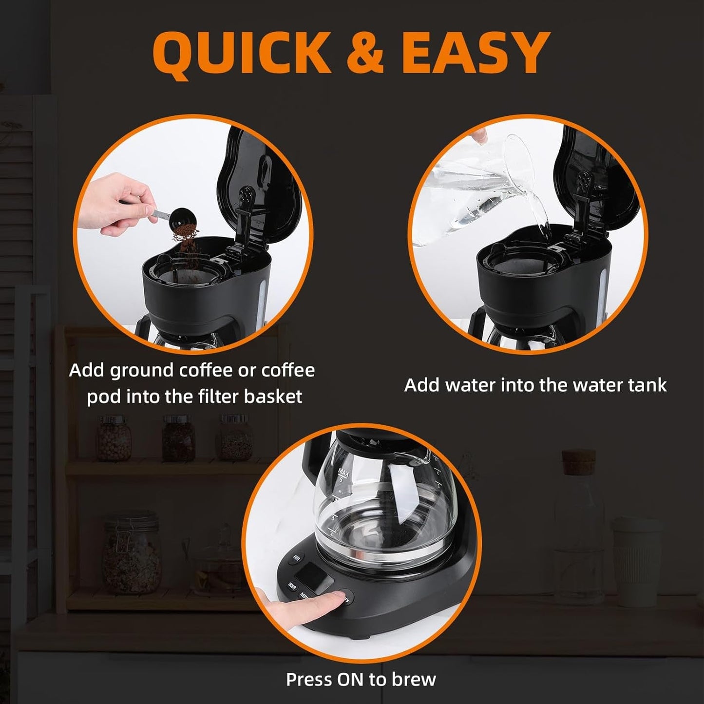 Compact 5-Cup Programmable Drip Coffee Maker — the Essential Coffee Machine with Digital Clock, 24-Hour Timer, Auto Shut-Off, and a Removable Filter Basket for Home & Office.