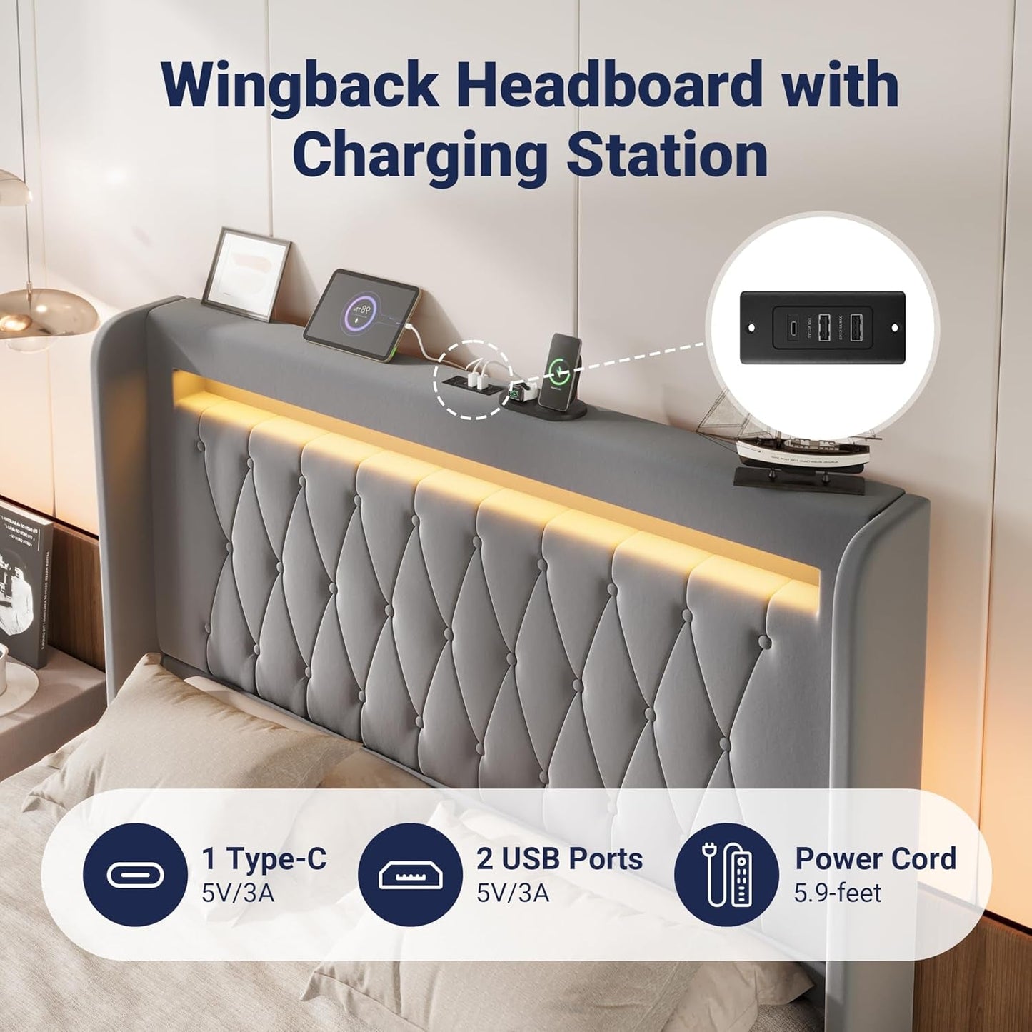 Upholstered Full Size Platform Bed Frame with LED Light and Charging Station, Button Tufted High Headboard, Wingback Design, Noise Free, Easy Assembly, No Box Spring Needed, Grey