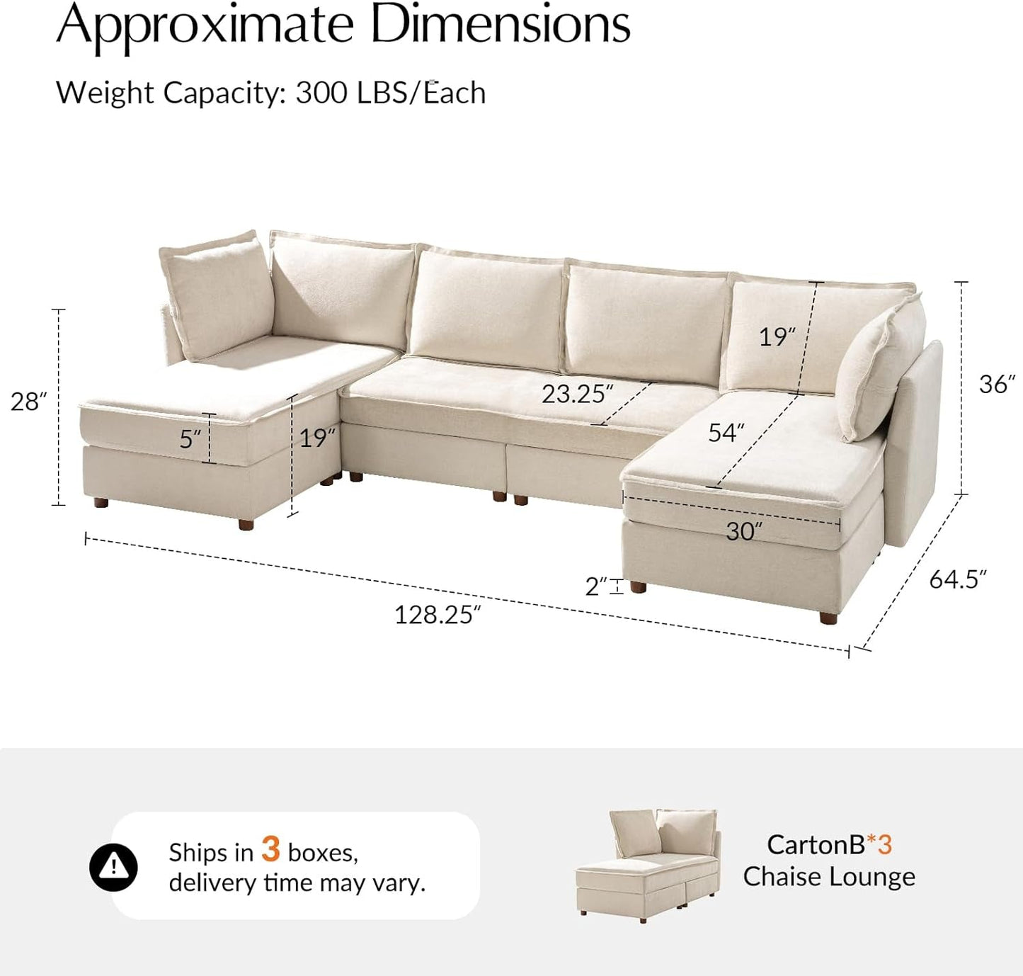 128'' Modular Sectional Sofa with Chaise, Oversized U Shaped Sofa with Hidden Storage Compartment, Comfy Cloud Couch with Extra-Wide Seat, Tool-Free Assembly, Beige