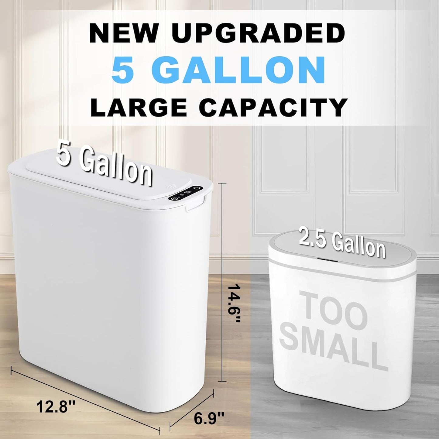 Motion Sensor Trash Can, 5 Gallon Automatic Bathroom Garbage Can with Lid, Touchless Smart Plastic Slim Wastebasket for Bathroom, Office, Rv, Bedroom, Living Room, White