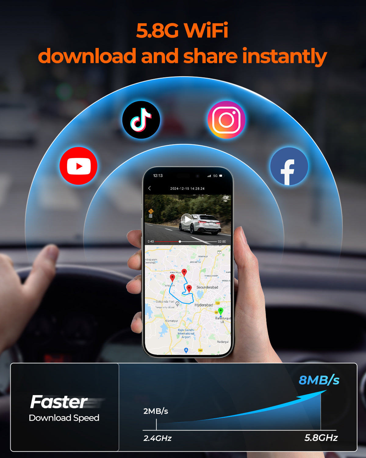 M4 2ch Mirror Dash Cam with 4K Front and 2.5K Rear Cameras, 12"IPS Touchscreen
