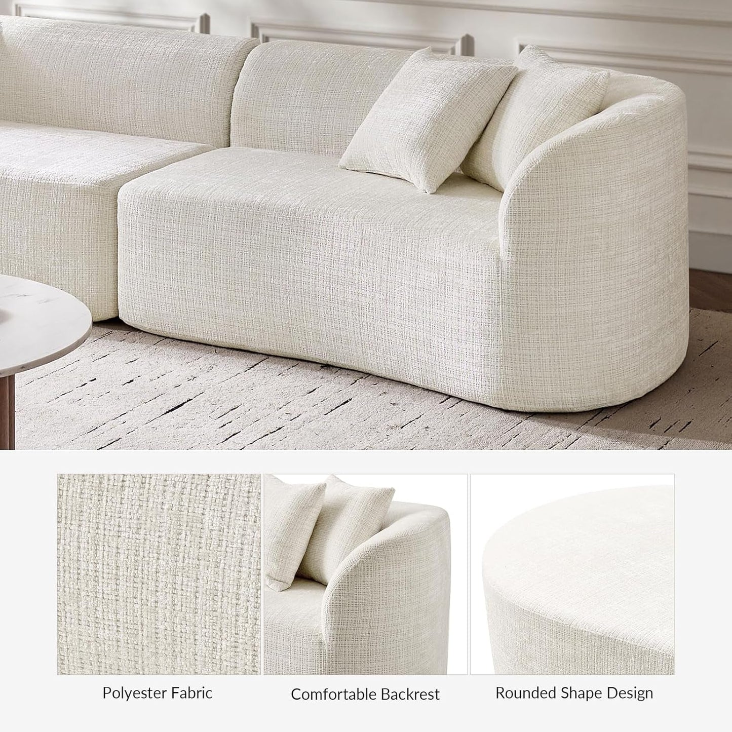 142'' Boneless Modular Sectional Couch, Oversized 4 Seater Curved Sofa with 4 Throw Pillows, Compressed Foam Chenille Sofa for Living Room, No Assembly Required, Ivory