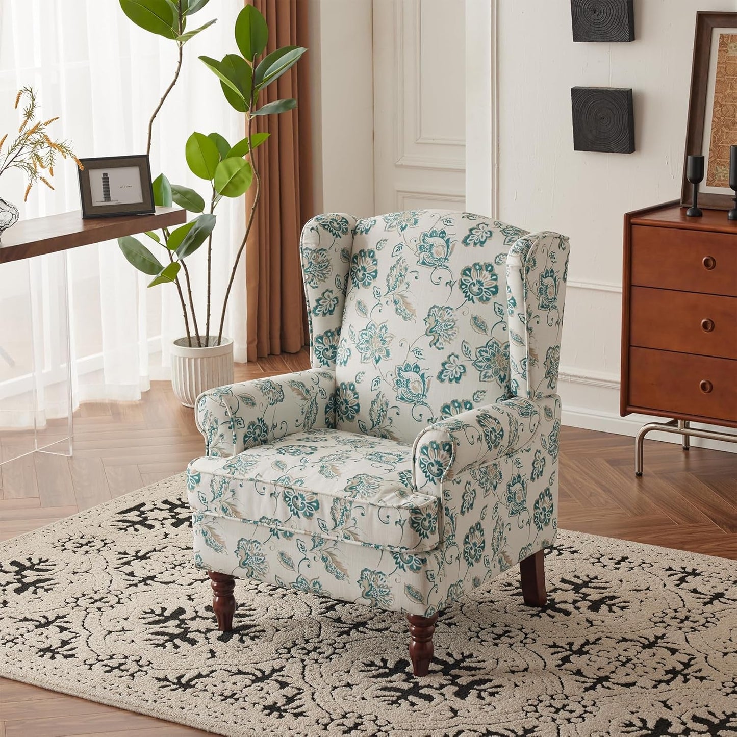 Floral Accent Chair, High Back Upholstered Armchair with Solid Legs, Leisure Single Sofa Chair for Living Room, Bedroom, Home Office, Light Cyan Floral