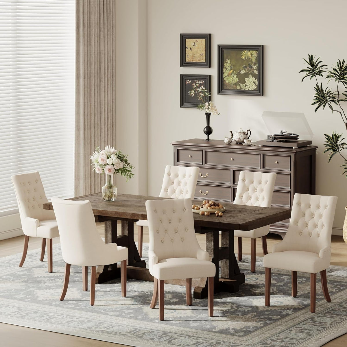 Fabric Side Dining Chairs Set of 6, Wingback Upholstered Dining Room Chairs with Tufted Button, Living Room Chairs for Home Kitchen, Beige