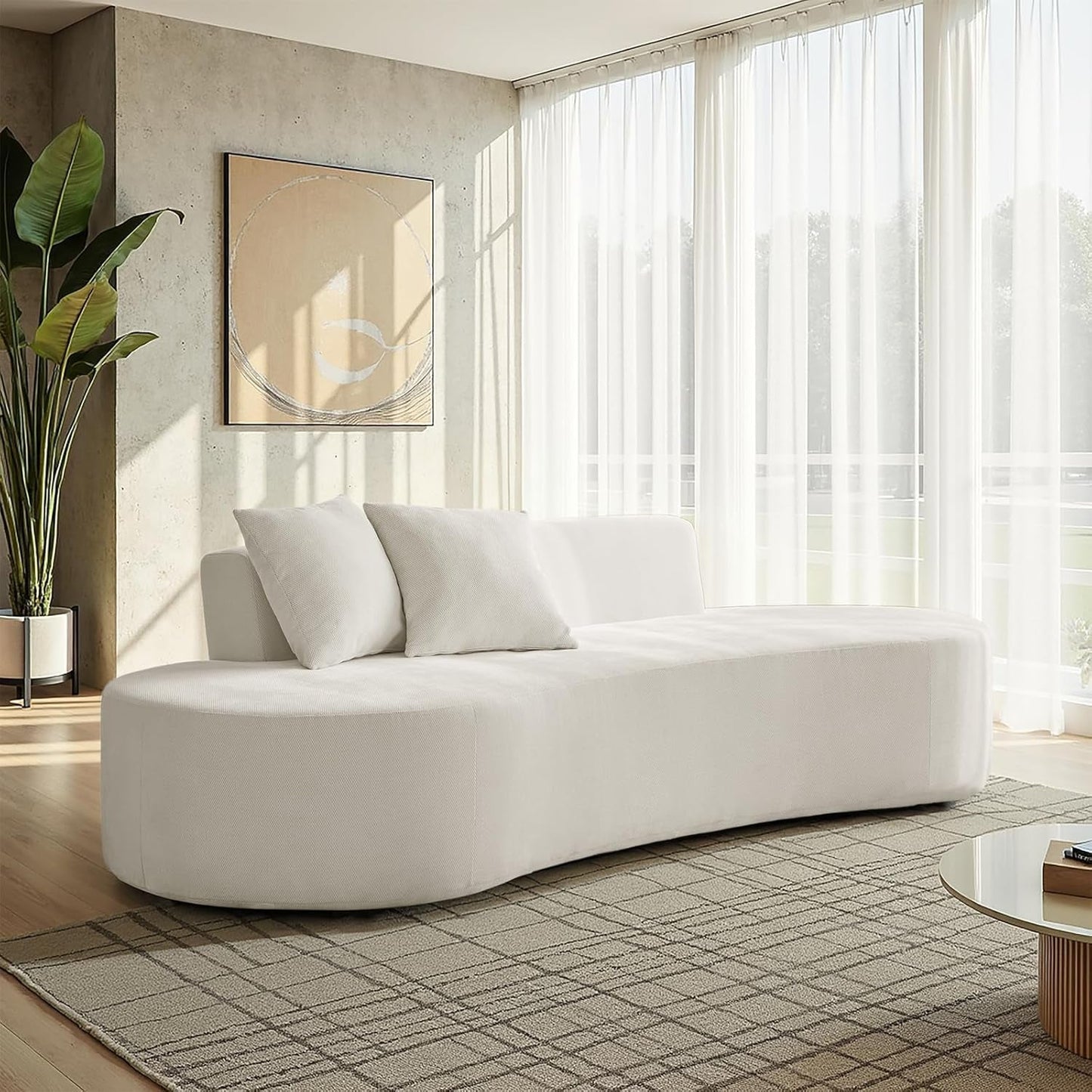94.5" Curved Boneless Couch with Two Pillows, Oversized 3 Seater Compressed Foam Sofa with Deep Seat, Modern Cloud Couch for Living Room, No Assembly Required, Ivory