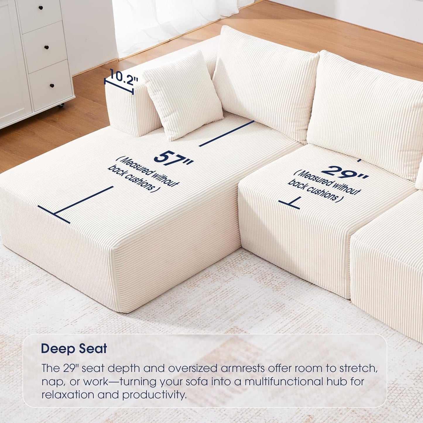 107'' Modular Sectional Sofa, L Shaped Cloud Couch for Living Room, Modern Boneless Sofa with Chaise for Bedroom, Beige