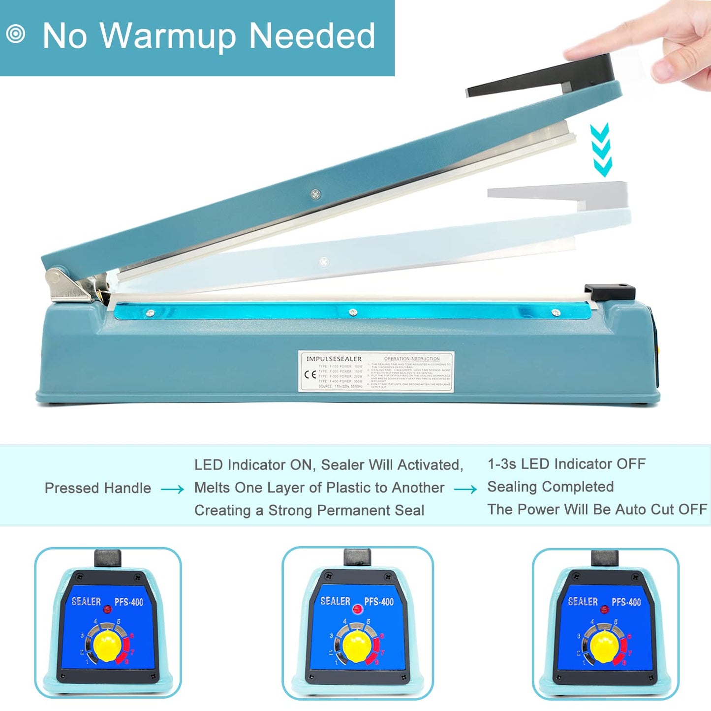 SEELAUGH Impulse Sealer 16 inch Heat Sealer for Plastic Bags, Metal Plastic Bag Sealer Heat Seal, Mylar Bag Sealer, Manual Poly Bag Hot Seal Sealing Machine with 4 Repair Kit(2 Cutting Lines Included)