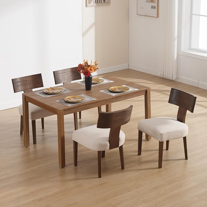 DM Furniture Farmhouse Kitchen Table Chairs Set of 6, Linen Fabric Upholstered Dining Chairs with Wooden Legs, Comfy Armless Dining Room Side Chairs with Backrest, Beige-Dark Brown Legs