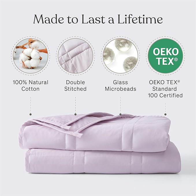 Baloo Weighted Blanket for Adults 12 lb Throw (Lavender, 42"x72") | Cool & 100% Cotton | Machine Washable & Dryer Safe | Glass Microbead Fill