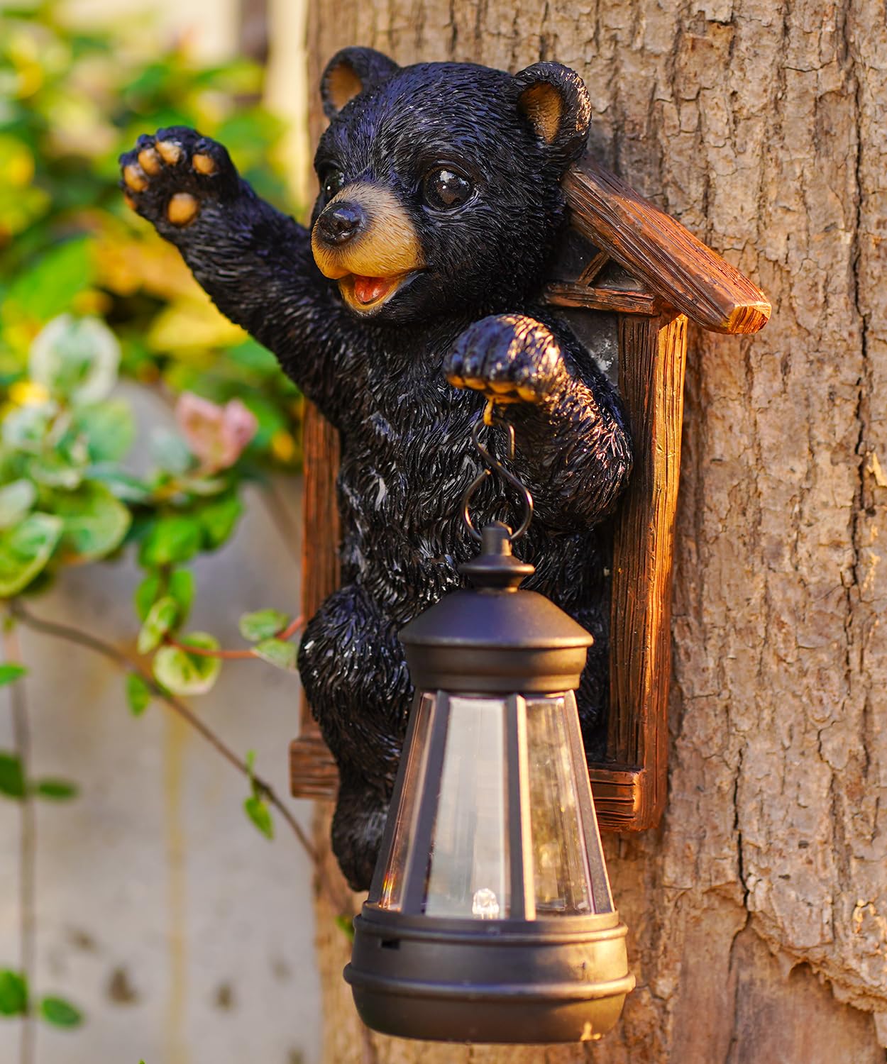 Bear Tree Hugger with Solar Lantern - Resin Bear Statue for Outdoor Garden Decor - Ideal Housewarming & Birthday Gifts for Grandma Mom Women