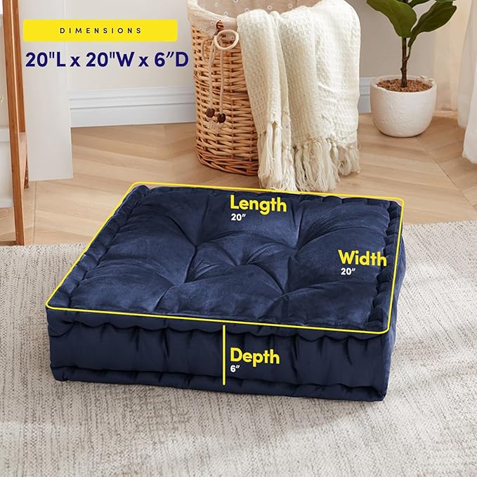 Sweet Home Collection Floor Pillow Large Square Tufted Decorative Cushion. Faux Velvet Fabric Ultra Thick Fill for Kids and Adults, 2 Pack, Navy.