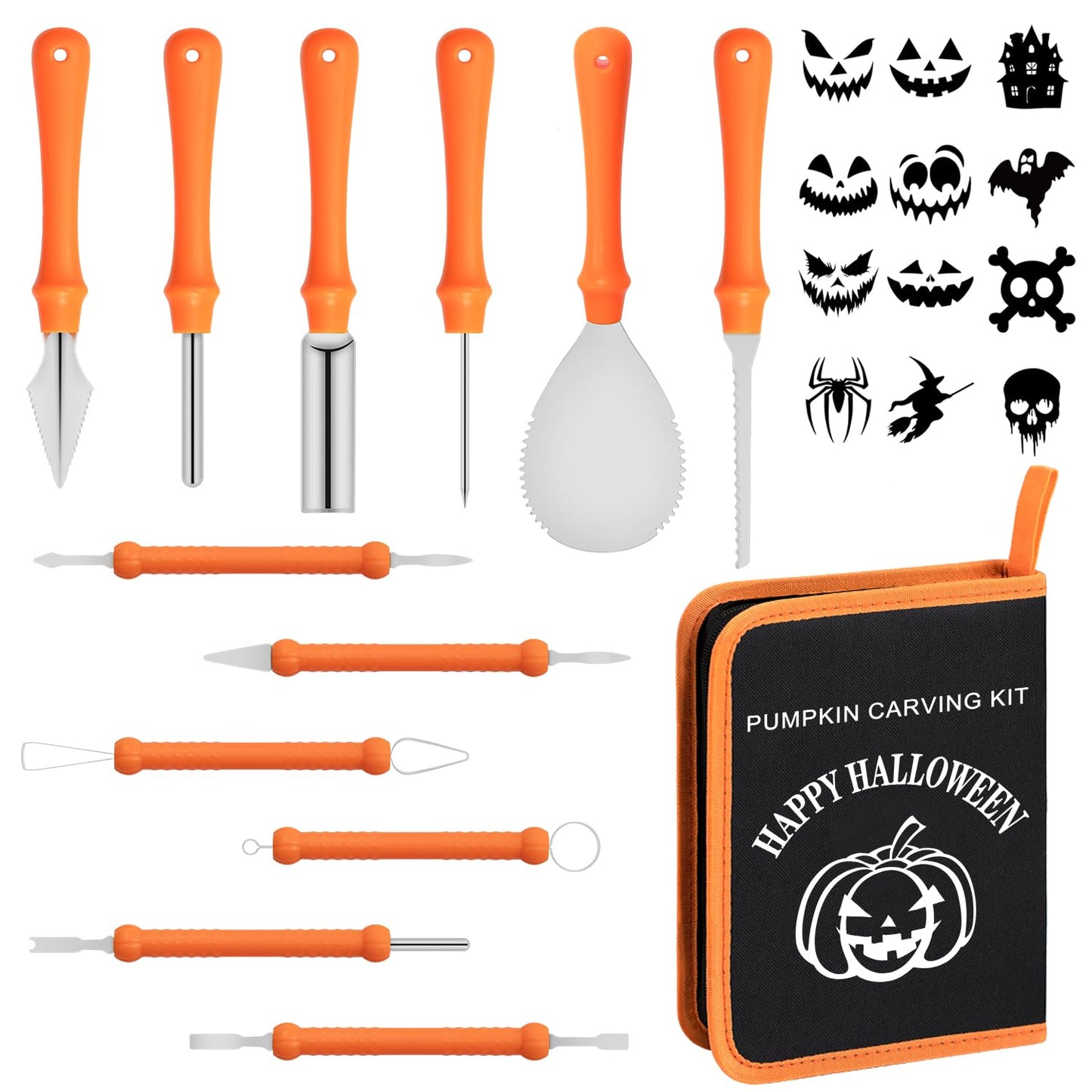 inin 12PCS Halloween Pumpkin Carving Kit with 12 Stencils & Hand Bag,Stainless Steel Pumpkin Carving Tools,Professional Pumpkin Decorating Set,Halloween Decorations for Kids & Adluts.
