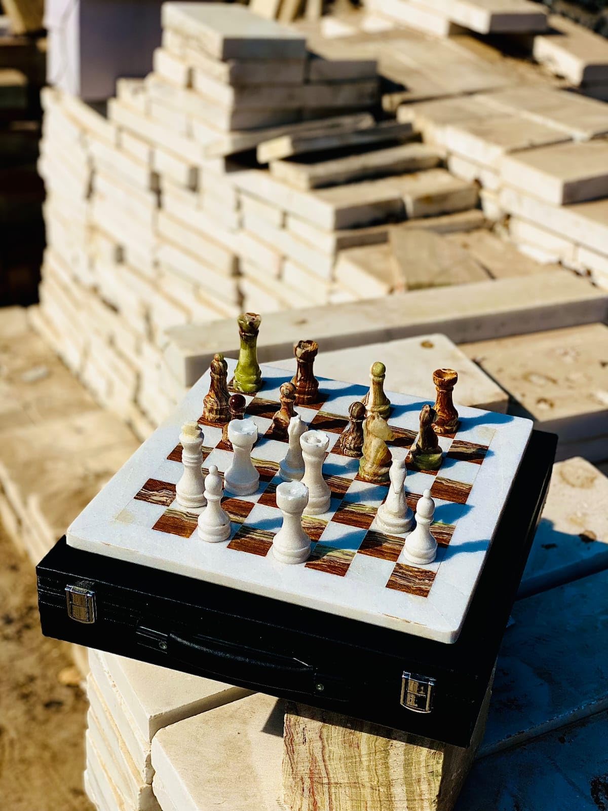 NatureBoost Marble Chess Set Handmade Onyx Full Chess Game Set.Comes in Rexine Box Packaging. Perfect for Gifting (White Multigreen)