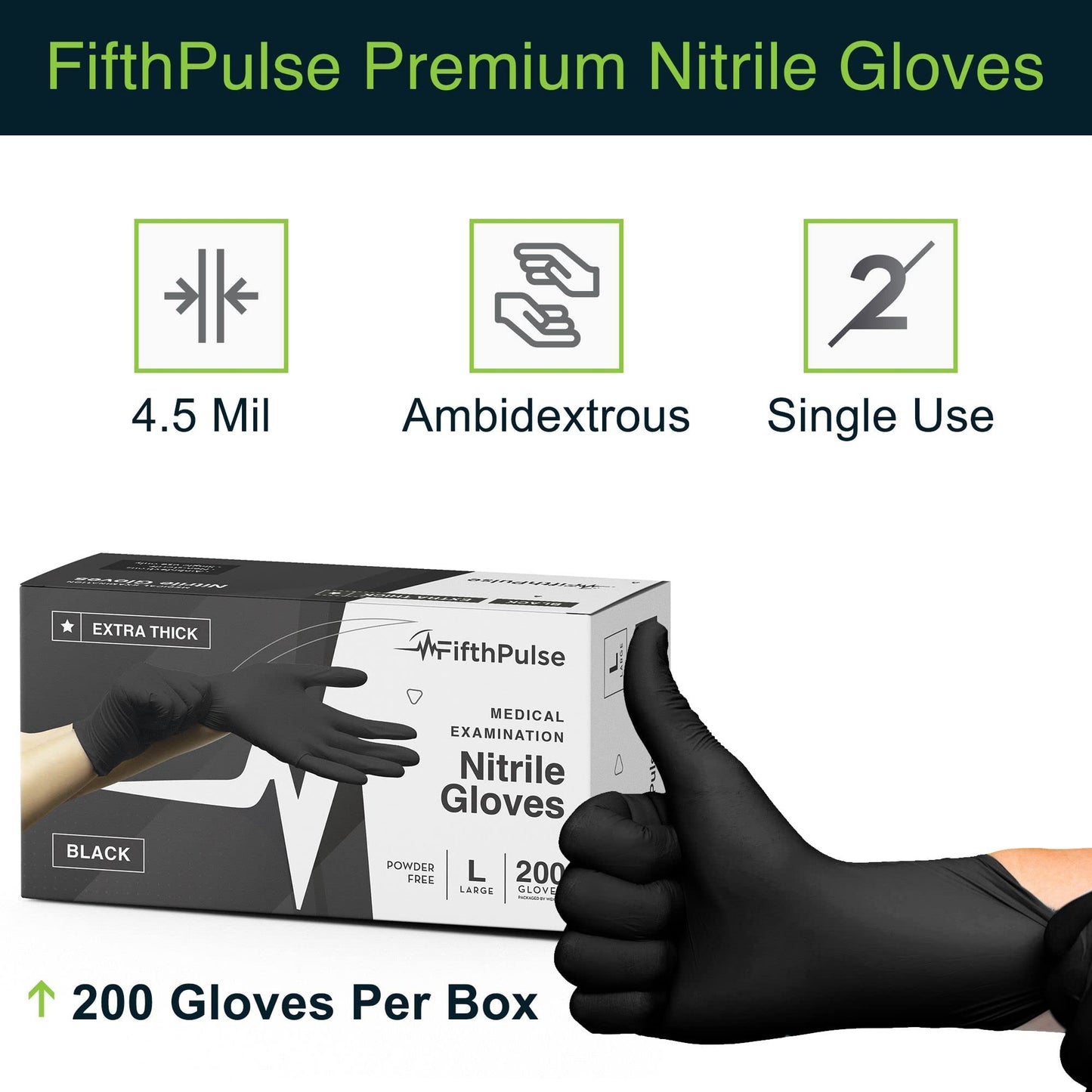 Disposable Black Nitrile Gloves Large 200 Count - Extra Thick 4.5 Mil - Powder and Latex Free Rubber Gloves - Surgical Medical Exam Gloves - Food Safe Cooking Gloves