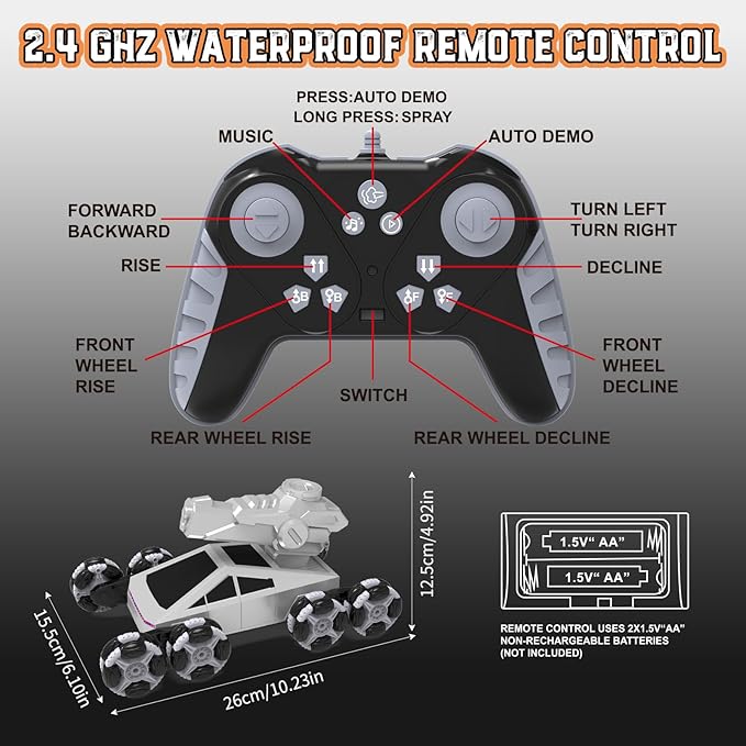 Remote Control Car, 2.4Ghz 8WD Rc Stunt Crawler Car with Automatic Demonstration, Water Squirting Function, 360° Spins, Rc Cars for Boys Age 6 7 8 9 10 11 12, Christmas Birthday Gifts Toys for Boys