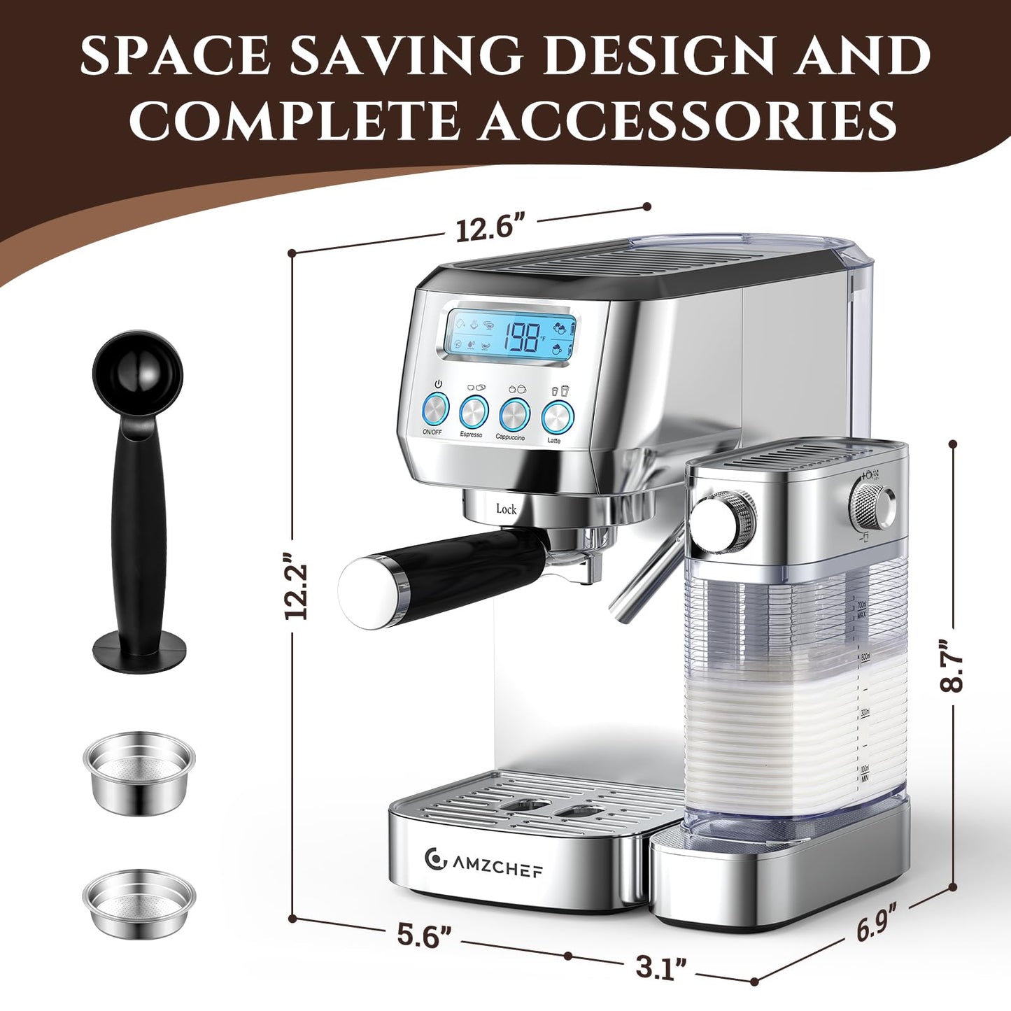 AMZCHEF Espresso Machine with Upgraded Automatic Milk Frother, 20 Bar Cappuccino & Latte Maker with LCD Display, Dual Wall Filters, Metallic Silver – Ideal Home Gift
