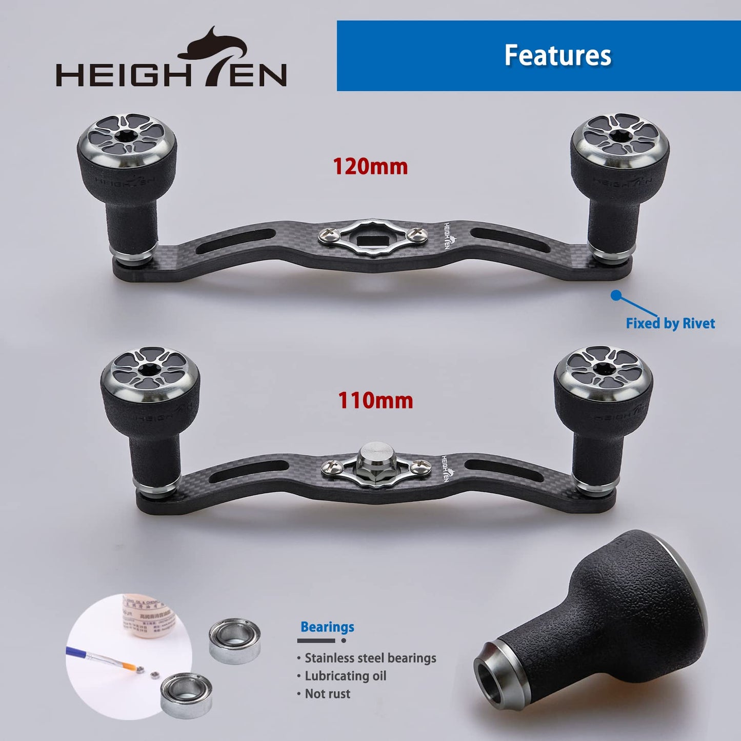 HEIGHTEN 110mm/120mm Fishing Reel Handle for Shimano Daiwa Abu Garcia Penn Kastking Lew's Baitcasting Reel Power Crank Accessory (Black & Silver, 120mm Carbon Handle 24mm TPE Knob) (0431)