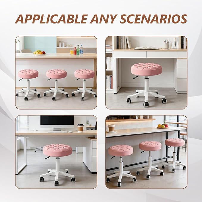 JPBSTO Small Rolling Stool with Wheels, PU Leather Height Adjustable Vanity Work Task Stool, 360 Swivel, Padded Seat Cushion, for Salon, Home, Office