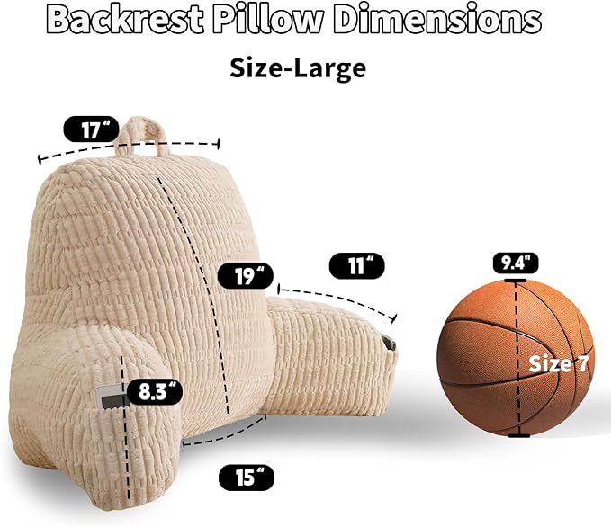 PAJEO Reading Pillow for Sitting in Bed, Large Backrest Reading Pillow with Arm Rest,Back-Rest Support Cushion for Sit Up on Couch, Sofa, and Floor, Dorm Essentials (Cream Corduroy, Large(19"))