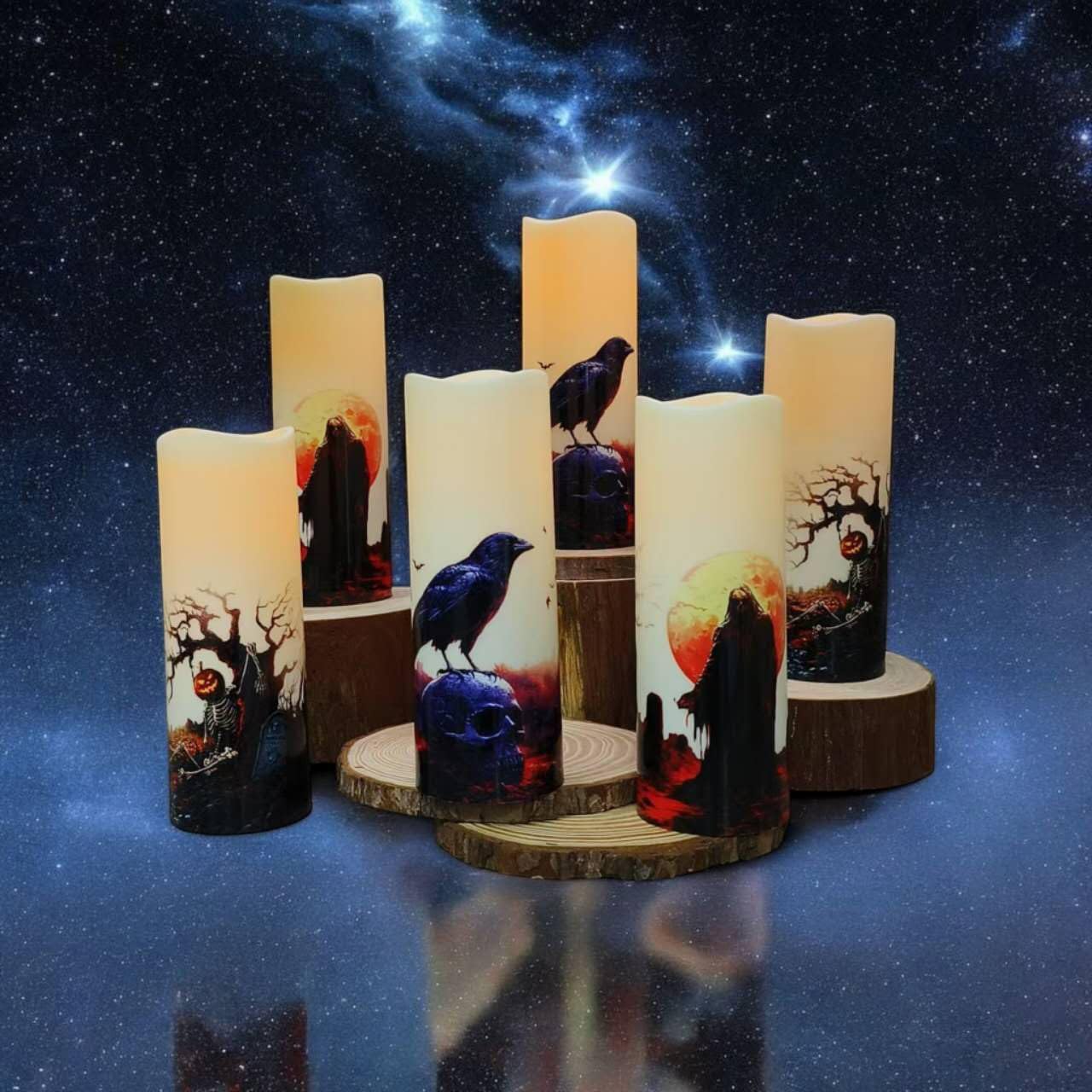 Halloween Flameless LED Candles, Set of 6, Gothic Design with Remote Control, 6 in x 2.15 in, 2AA Battery Operated 400+ Hours, Timer Function, Halloween Decorations in Fall, Indoor/Outdoor Ues.