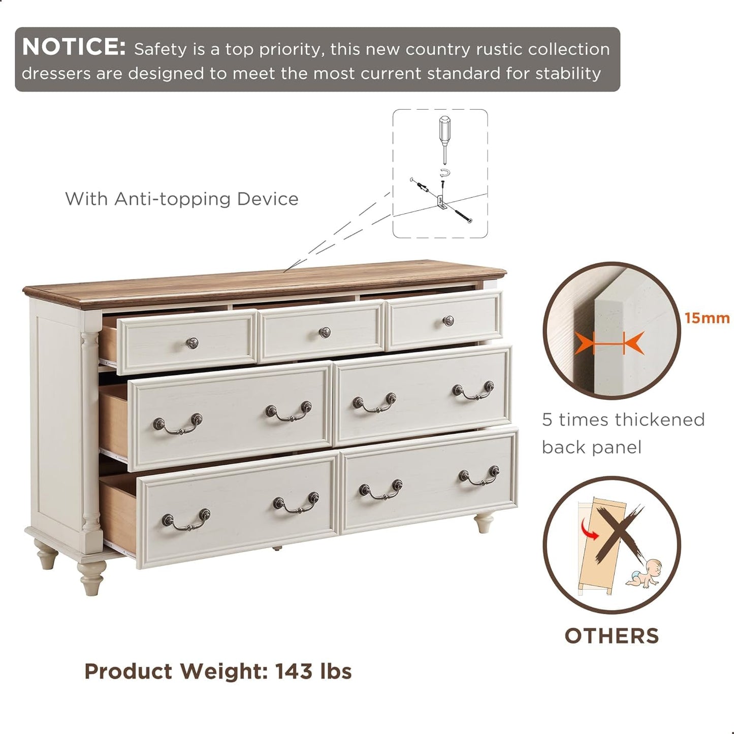 T4TREAM Farmhouse 7 Drawers Dresser Chests for Bedroom with 4 Solid Wood Feet, Tall Wide Wood Country Rustic Chest of Drawers, Storage Dressers for Bedroom, Living Room, Antique White