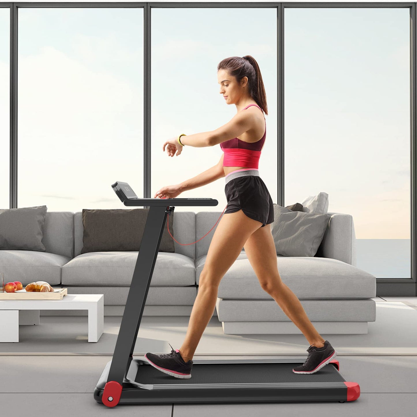 Goplus Folding Treadmill, Compact Superfit Treadmill with APP Control, Blue Tooth Speaker, 12 Preset Programs, LED Display and Device Holder, Walking Running Machine for Home Office (Red)