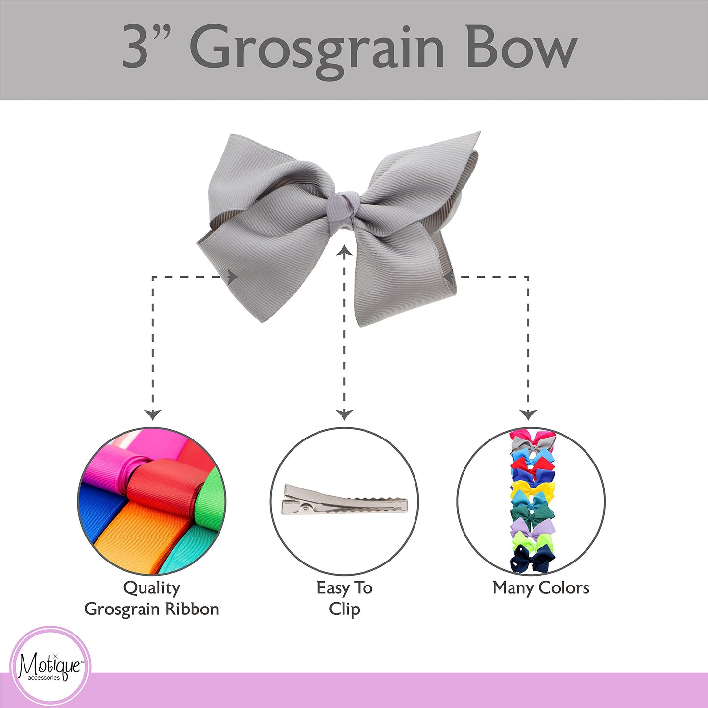3 Inch Grosgrain Bow for Little Girls- Set of 2 (Grey)