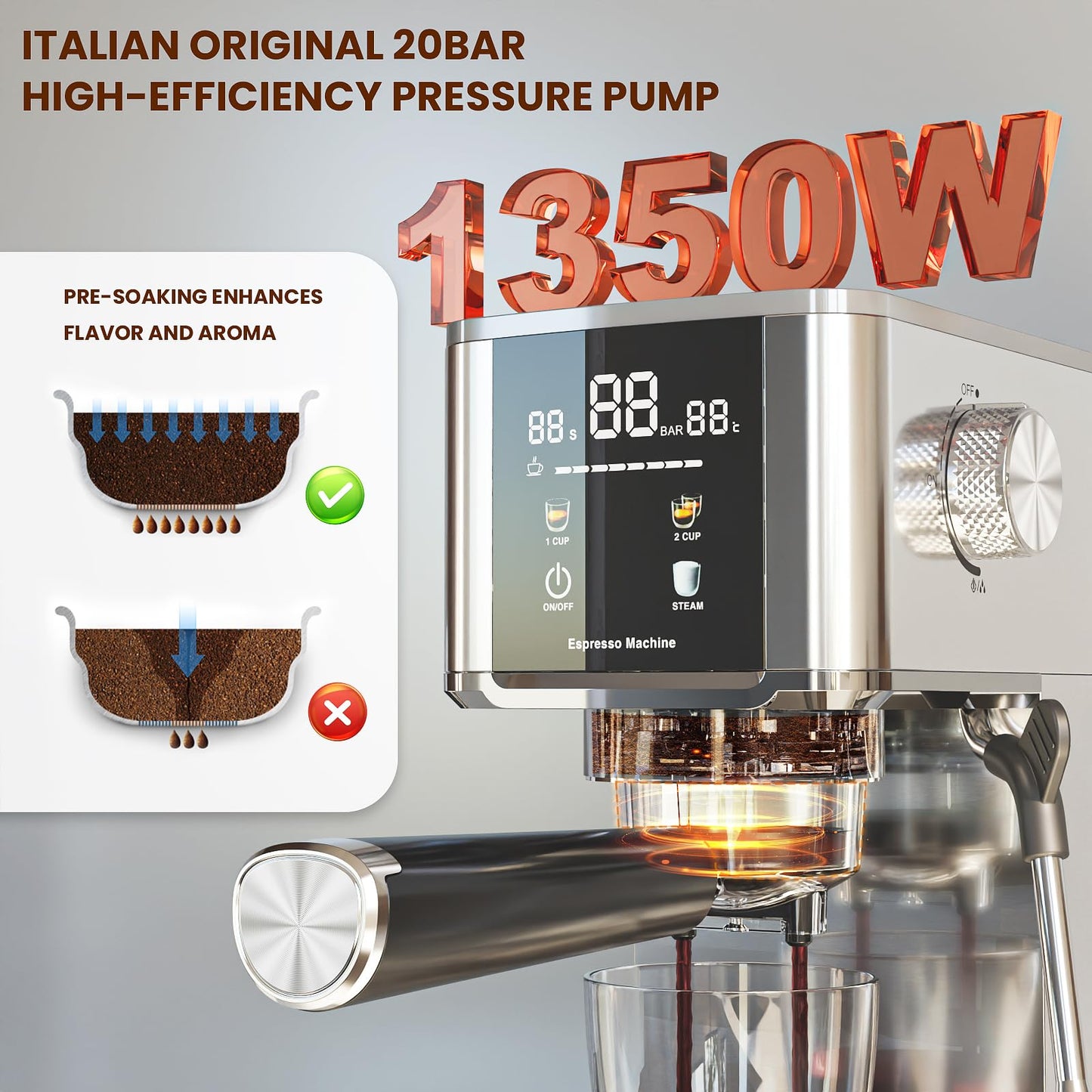 WAA 20 Bar Craft Barista-Grade Espresso, Upgraded 1350W Espresso Machine Stainless steel with Steam Frothing Wand, 1.2L Water Tank and Cup Warmer, Suitable for Espresso, Cappuccino and Latte (Silver)