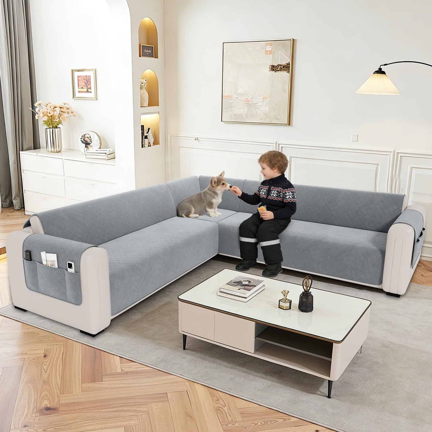 YUEVELLA Waterproof L Shaped Couch Cover for Sectional Sofa Velvet Quilted Corner Sofa Cover L Shape Furniture Protector Slipcover Set with Non Slip Straps for Pets Dogs Kids (XX-Large, Silvery Grey)