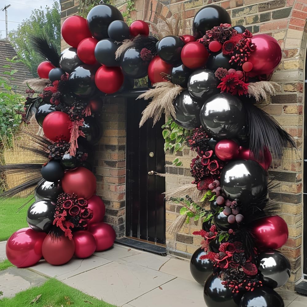 Black Red Balloons Thick Double Stuffed Black Burgundy Balloon Garland Arch Kit for Gothic Vampire Till Death Do Us Rip To Twenties Halloween Birthday Party Decorations