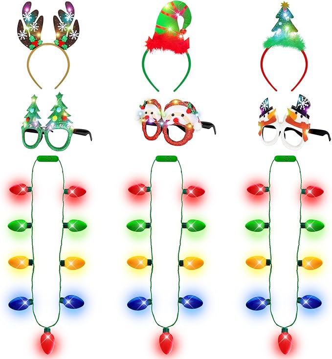 9PCS Christmas Party Favors, Light Up Christmas Necklace Headband Glasses Set, Xmas Bulb Necklace Antler Tree Lights Holid...