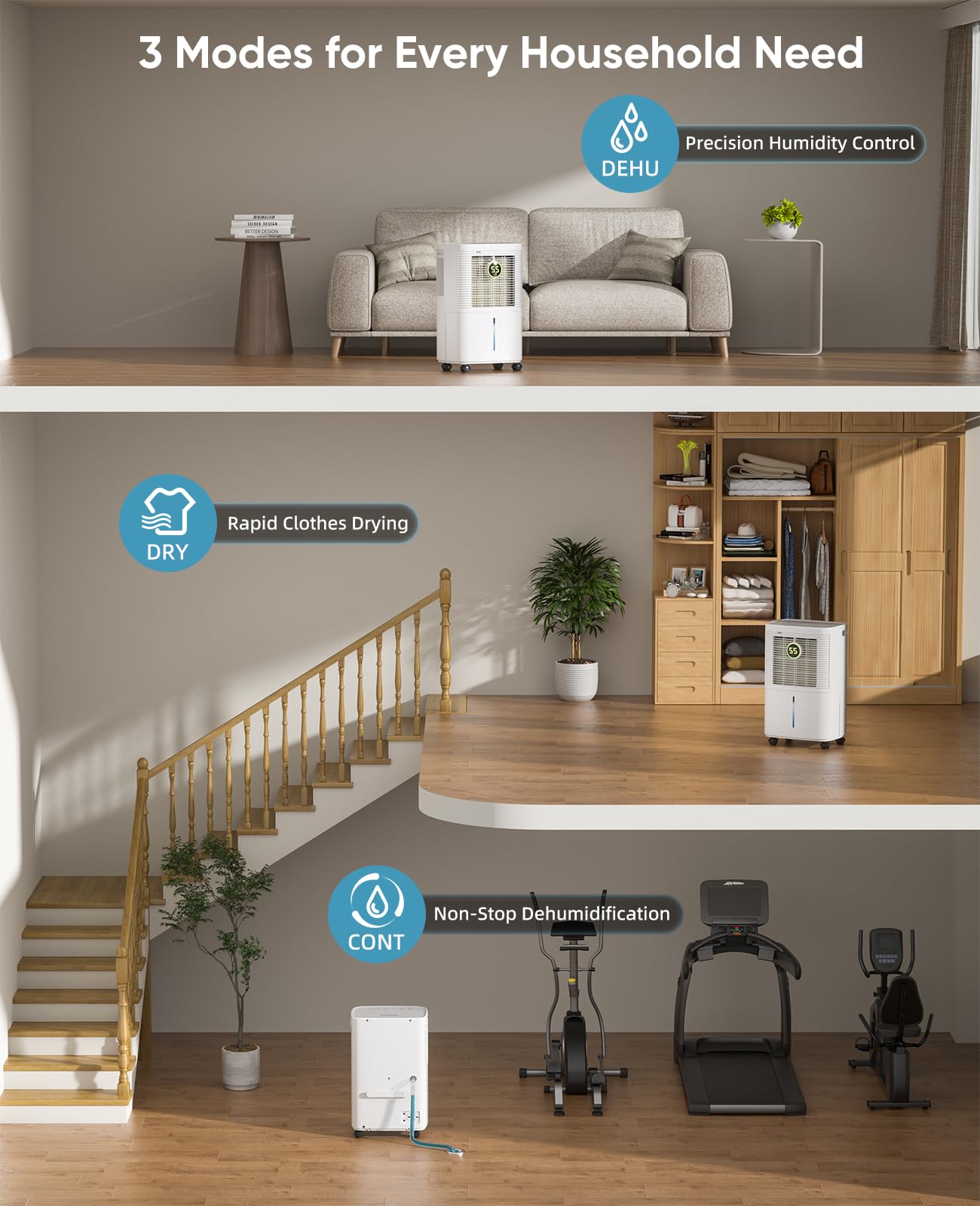 Dravonic 34 Pint Dehumidifiers for Home, Basement, Bedroom, Bathroom, 2500 Sq.ft Dehumidifier with Drain Hose, Smart Humidity Control & Display, 3 Operation Modes, 24H Timer, Child Lock (White)