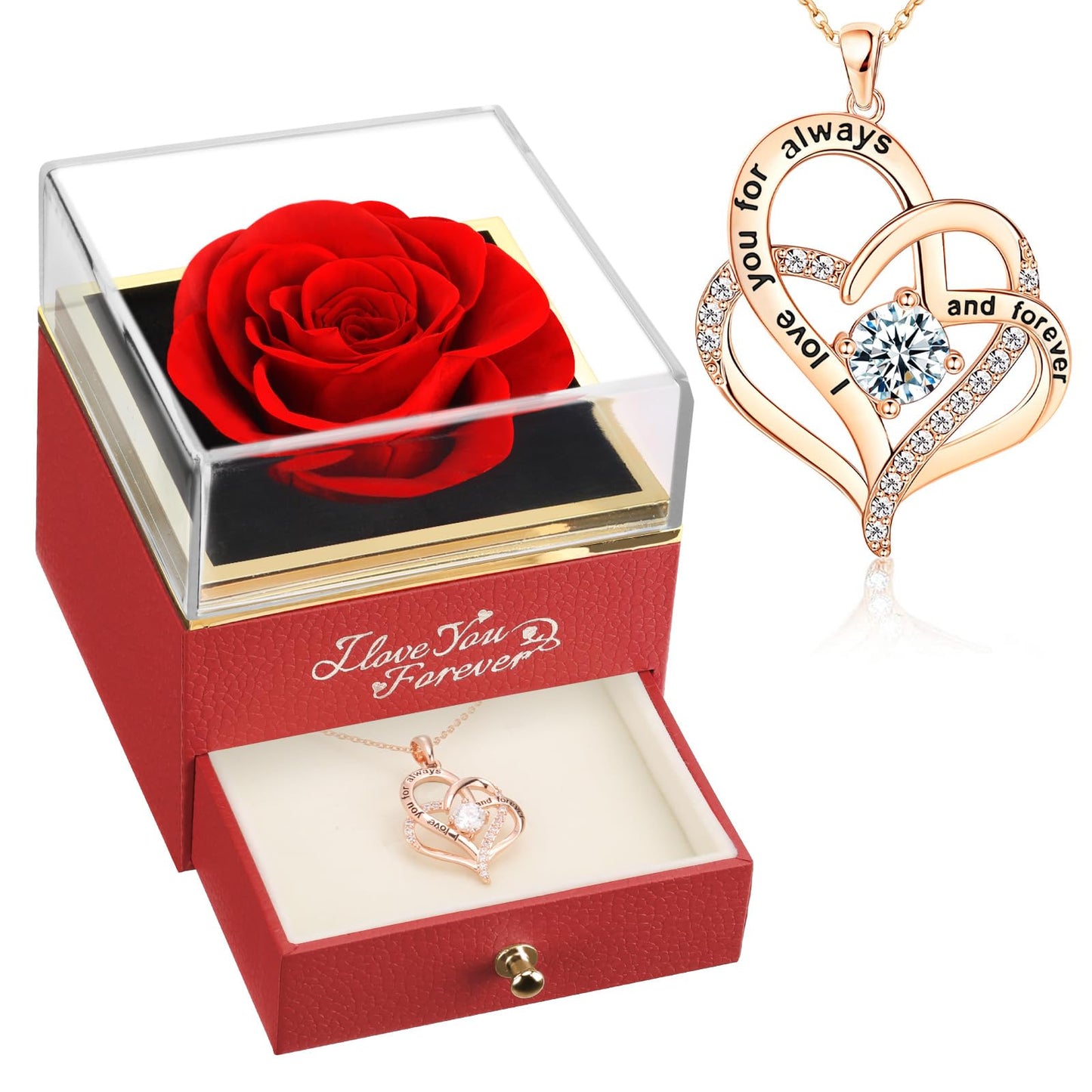 WILDLOVE Forever Real Rose with Heart Necklace, Preserved Flowers Gifts for Mom, Wife and Girlfriend on Christmas, Mother's Day, Birthday for Women