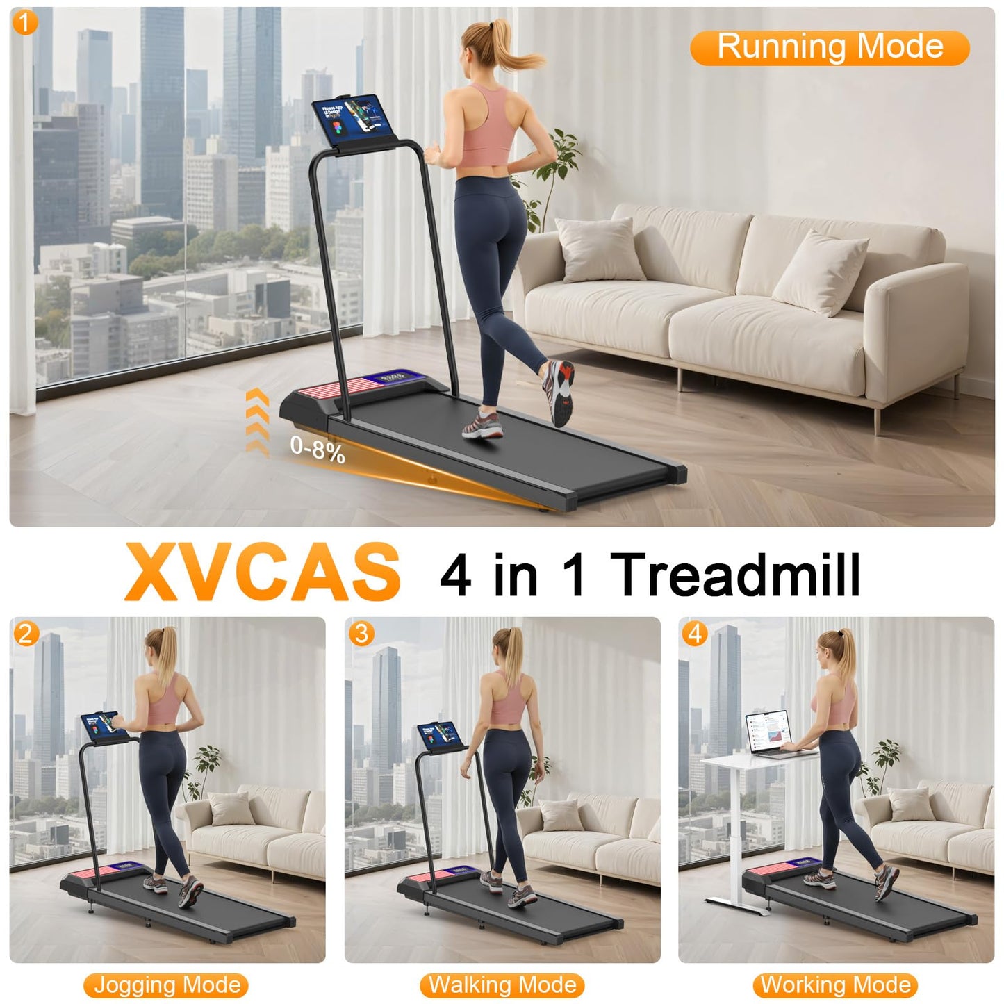 XVCAS Under Desk Treadmill with Incline and Handlebar, 4-in-1 Folding Walking Pad for Home Office, Quiet Running Machine with Remote, Installation Free, Portable
