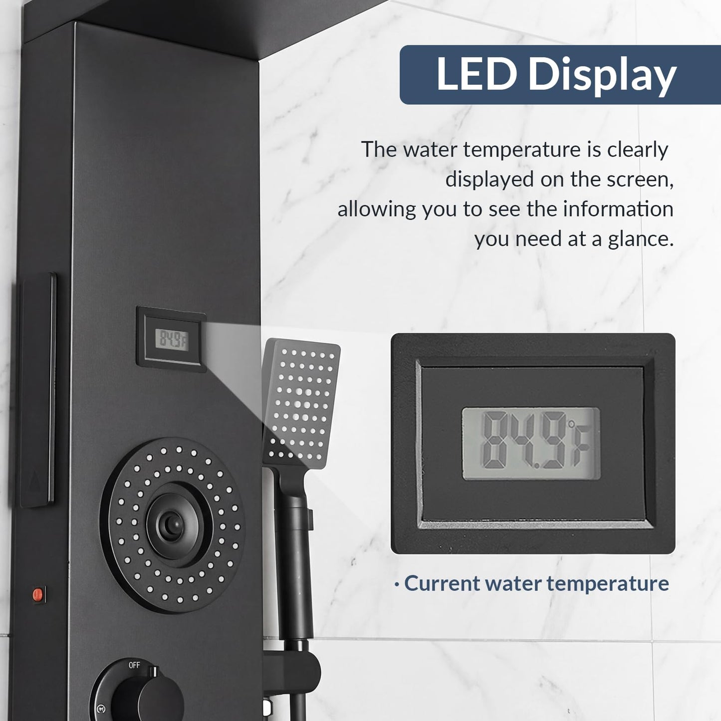 BATHLAVISH 6 in 1 Shower Panel Tower System, Rainfall Shower Panels Set w/LED and Digital Display Stainless Steel Shower Tower with Waterfall Tub Spout 2-Type Massage Jets Handheld Head Matte Black