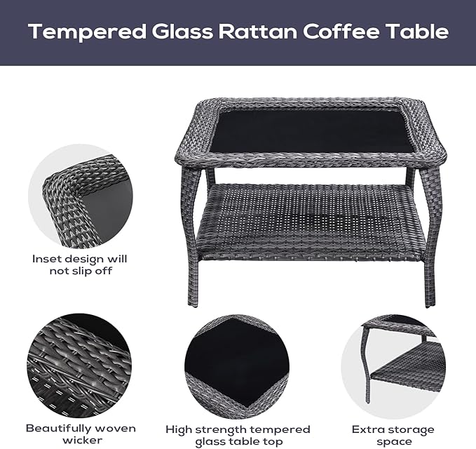 Belord Outdoor Furniture Sectional Sofa L Shaped Couch - Patio Wicker Furniture Set with Coffee Table, 3 Piece Rattan Patio Conversation Sets with Blue Cushion for Deck Backyard Sunroom