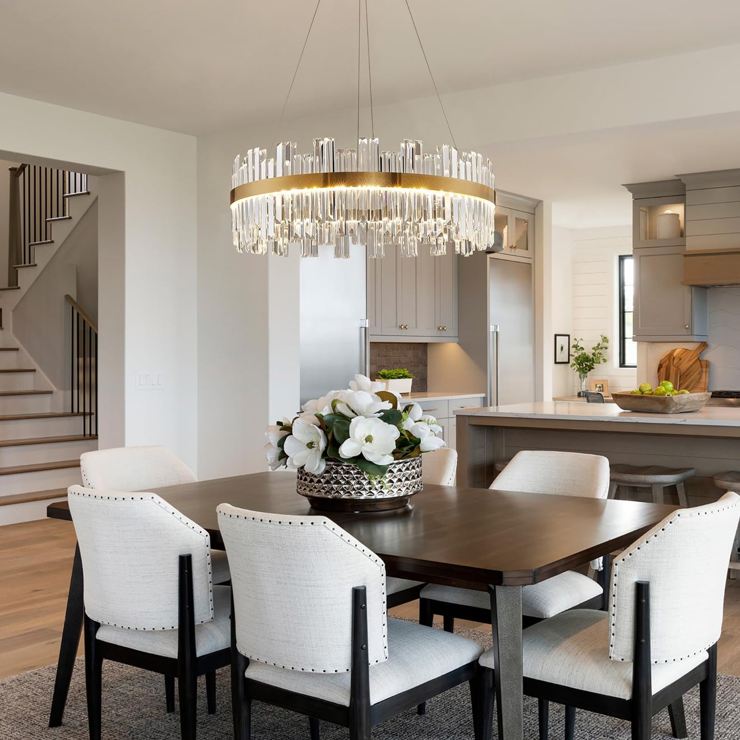 23.6" Dimmable Modern LED Crystal Chandeliers,Gold Chandelier Light Fixture, 3 Colors Contemporary Pendant Ceiling Light for Dining Room Living Room Kitchen Island Entryway Foyer ,With Remote Control