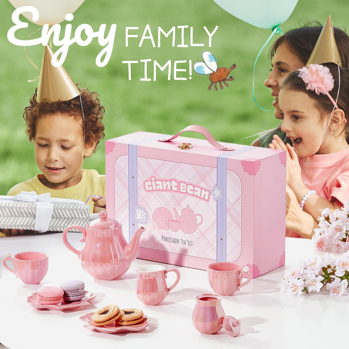 Giant bean Porcelain Tea Set, Pearl Pink Real Tea Party Set for Little Girls, British Royal Princess Series Teapot & Cup & Saucer & Sugar Bowl & Suitcase, for Little Kids Toddlers