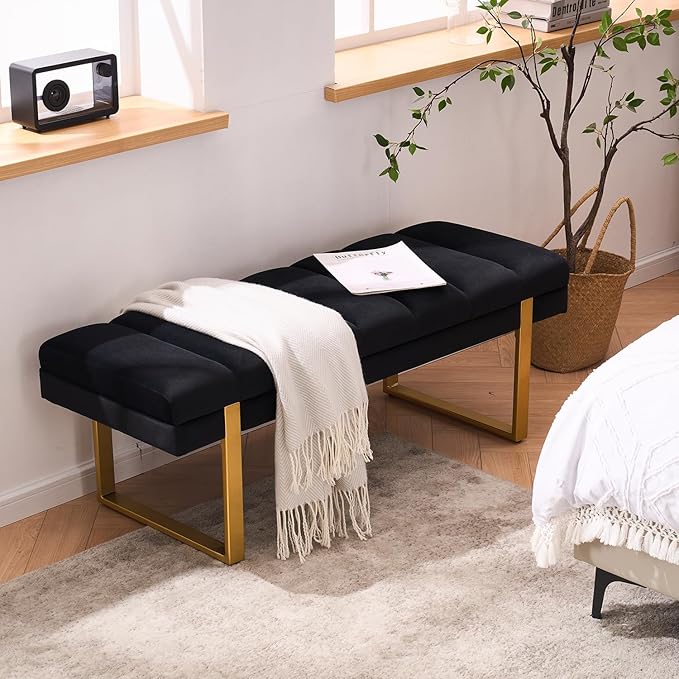 AIITTCC Velvet Ottoman Bedroom Bench, 46.5" Tufted Padded End of Bed Bench with Gold Legs, Upholstered Shoe Bench for Living Room Entryway Window (Black, 46" Wide)