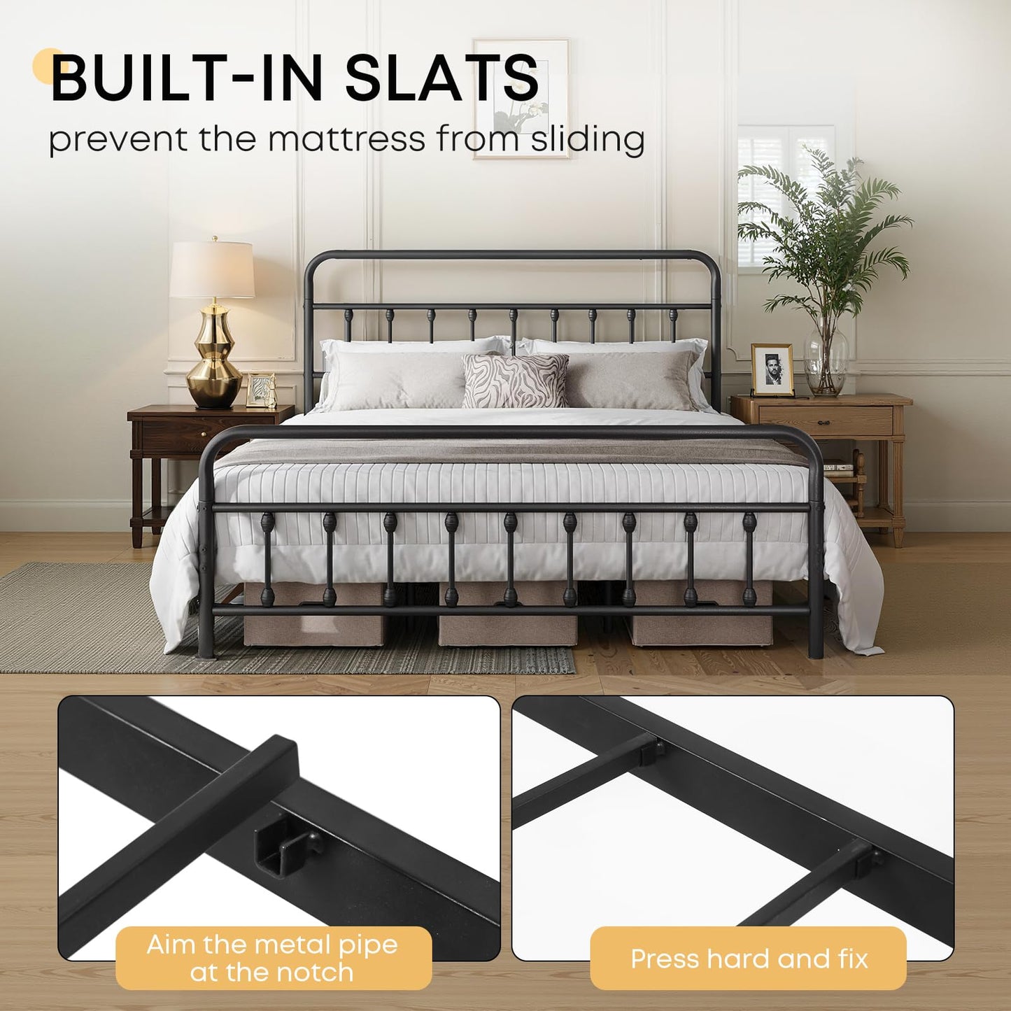Chuangshuo Guard Queen Bed Frame-Classic Metal Platform Bed Frame Mattress Foundation with Victorian Style Iron-Art Headboard/Footboard/Storage Space/No Box Spring Needed/Black